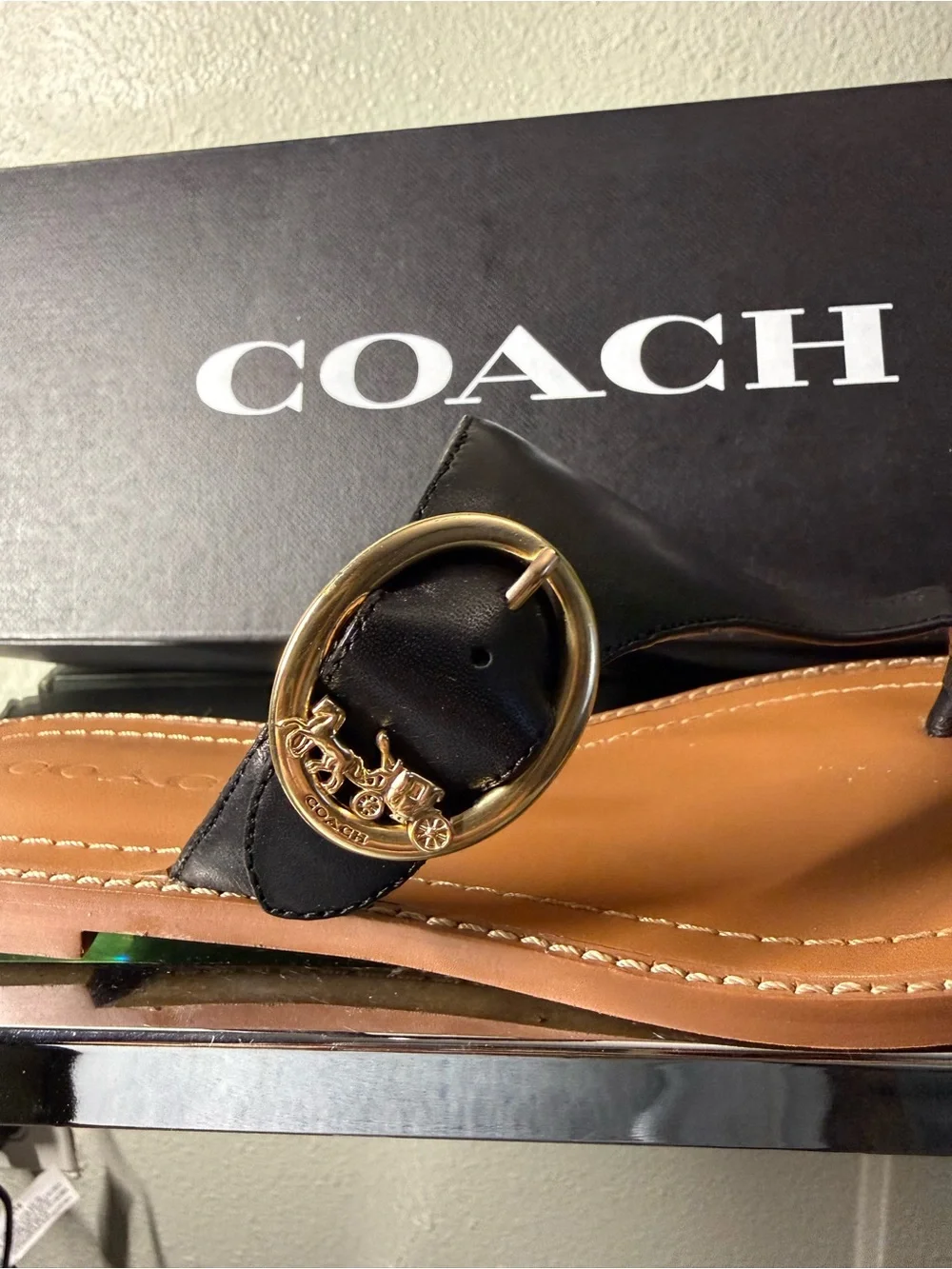 NWT Coach Lesli Black Leather Horse & Carriage Sandals Size 7.5B w/ Box